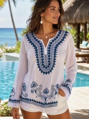 Handmade Embroidered Kurta Top • White Boho Tunic • Artisan Floral Stitchwork